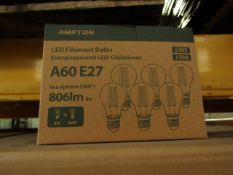 Pack of 6 Ampton A60 E27 8w LED filament light bulbs, new and boxed