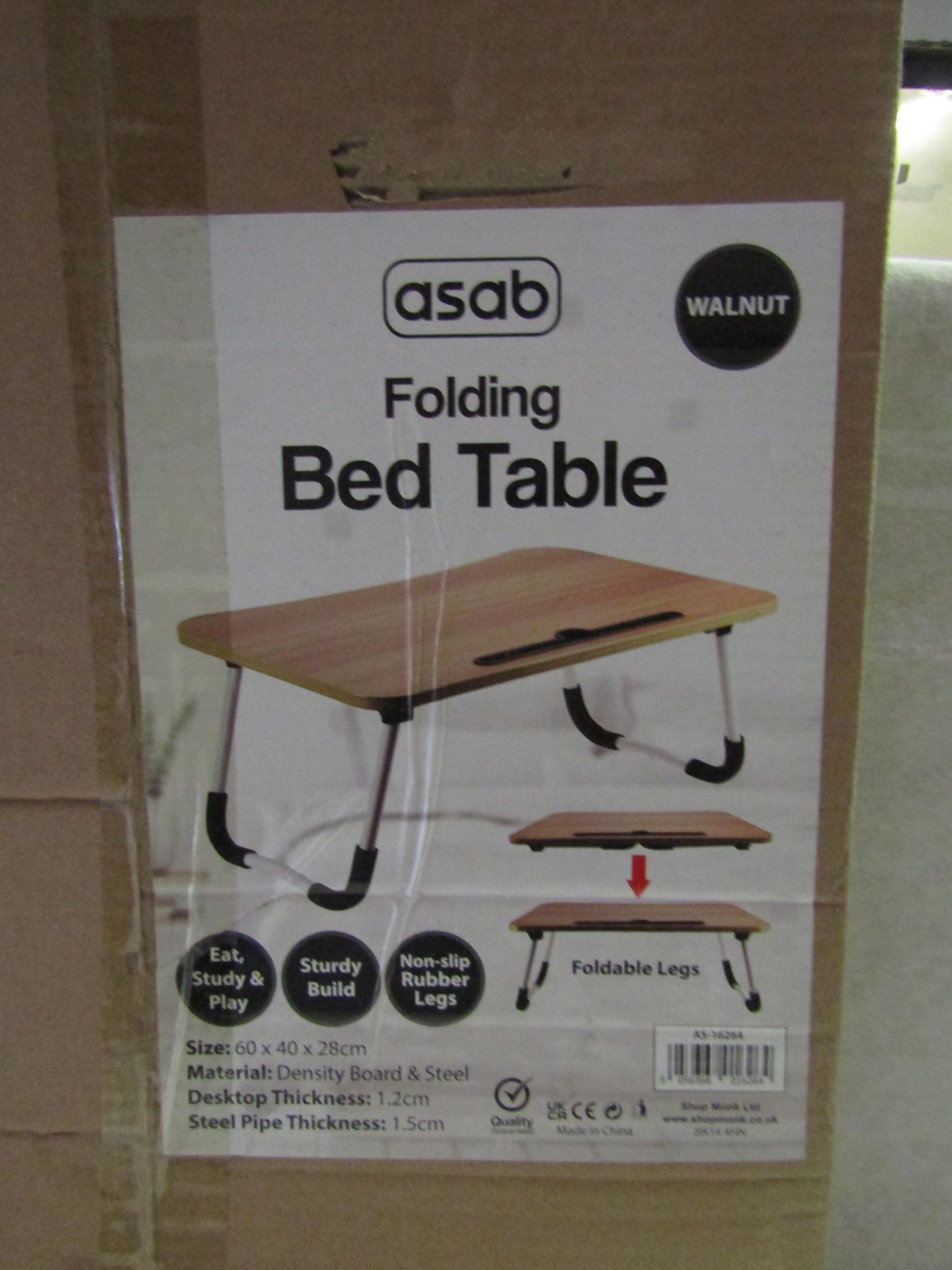 Asab Walnut Folding Bed Table - Size: 60 x 40 x 28cm - Unchecked & Boxed.