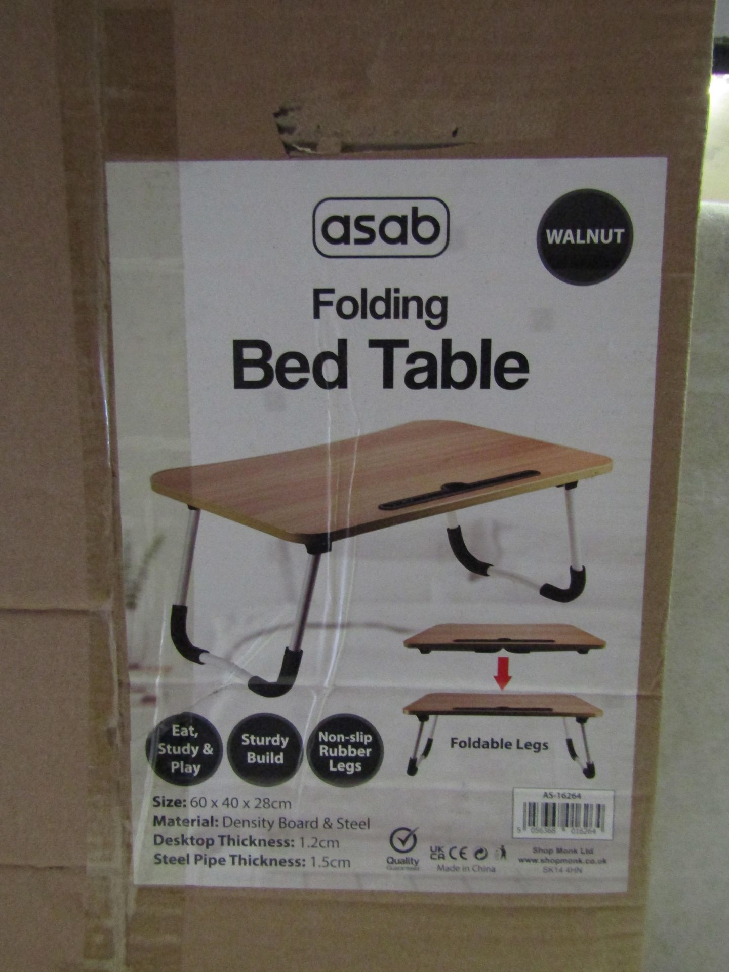 Asab Walnut Folding Bed Table - Size: 60 x 40 x 28cm - Unchecked & Boxed.