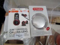 2x Items Being 1x 3in1 Universal Camera Lens, 1x Pocket Mirror, Unchecked & Packaged.