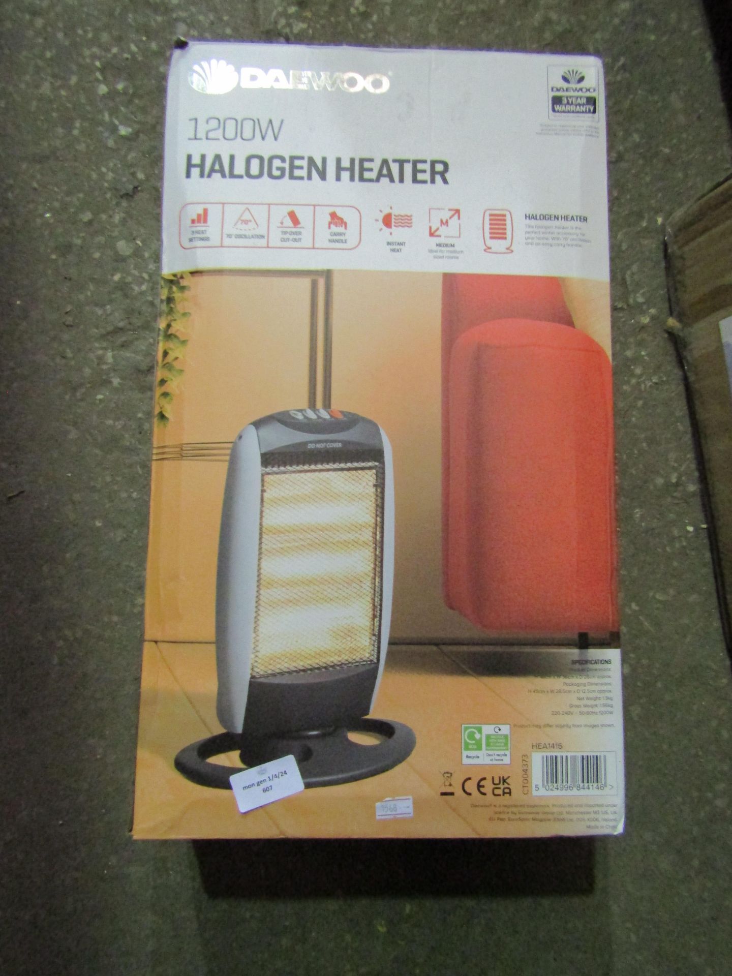 2x Daewoo 1200w Halogen Heaters, Unchecked & Boxed.