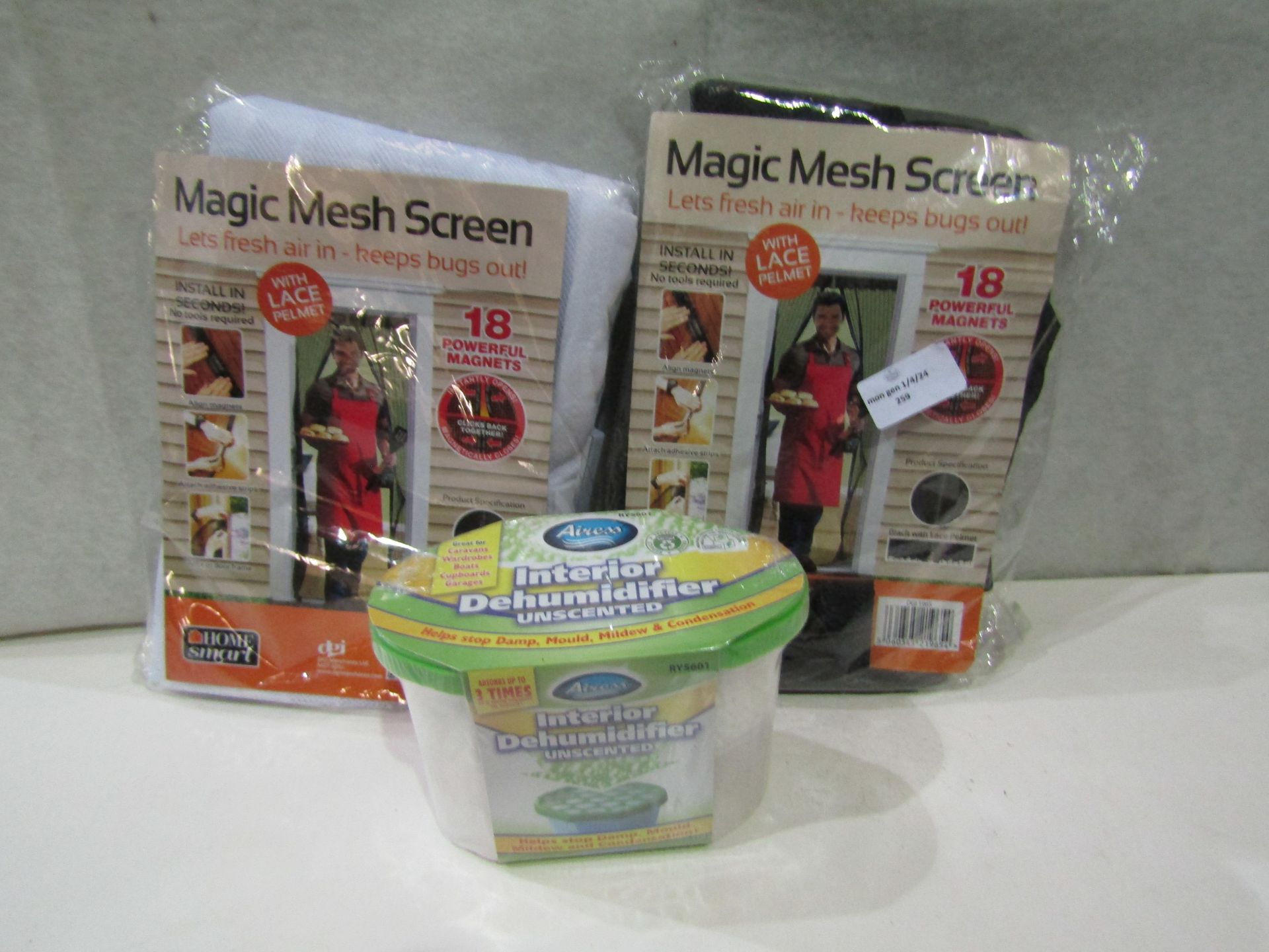3x Items Being 2x Magic Mesh Screens, 1x Interior Dehumidifier, Unchecked & Packaged.