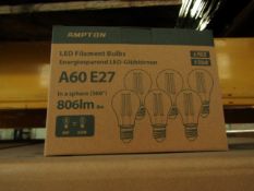 Pack of 6 Ampton A60 E27 8w LED filament light bulbs, new and boxed