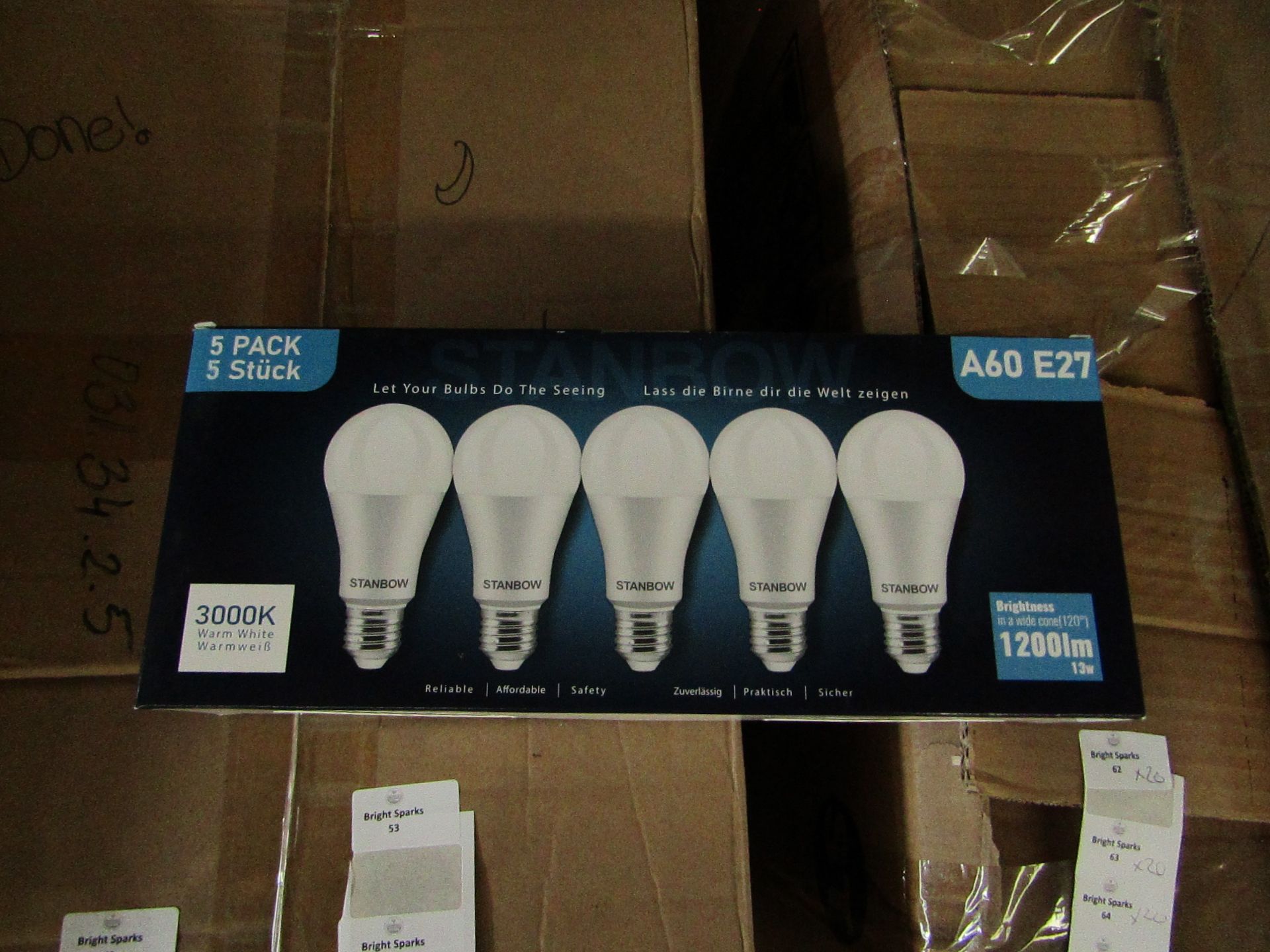 Pack of 5 Stanbow A60 E27 13w LED light bulbs, new and boxed