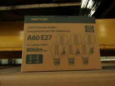 Pack of 6 Ampton A60 E27 8w LED filament light bulbs, new and boxed