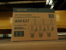 Pack of 6 Ampton A60 E27 8w LED filament light bulbs, new and boxed