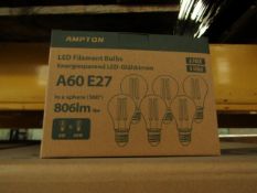 24x Packs of 6 Ampton A60 E27 8w LED filament light bulbs, new and boxed