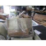 A pallet of 5 wooden tabletops with a box of assorted damaged legs. RRP 500 About the Product(s) A