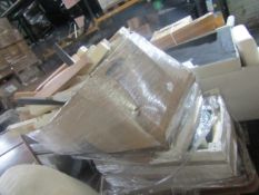 A pallet of 5 wooden tabletops with a box of assorted damaged legs. RRP 500About the Product(s) A