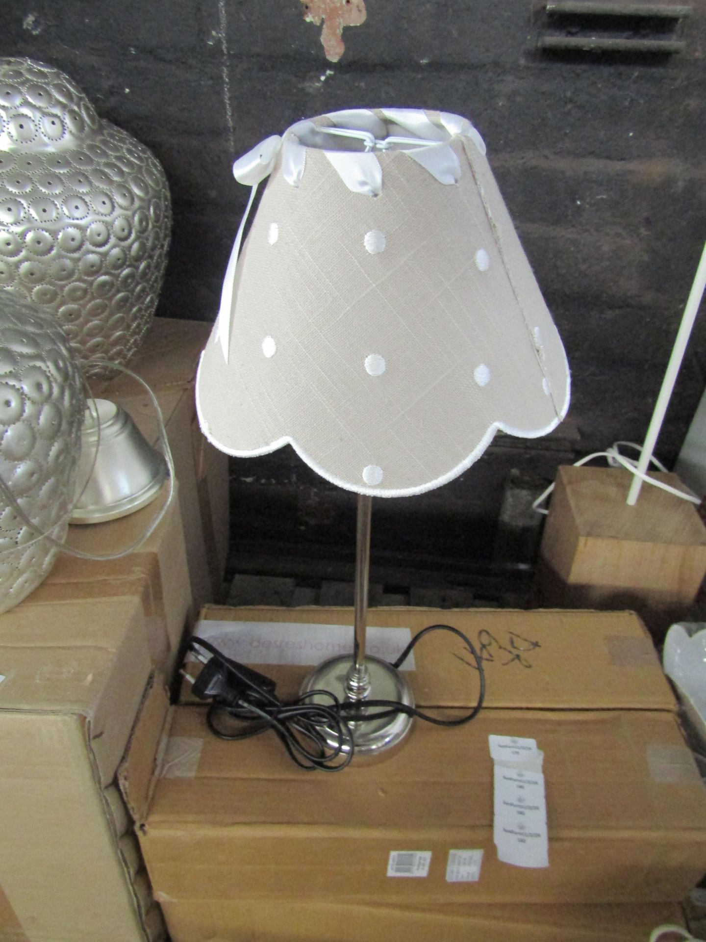 French Style White Table Lamp With Dot & Ribbon Lampshade Grey. Size: H35cm - Shade Size: H14 x