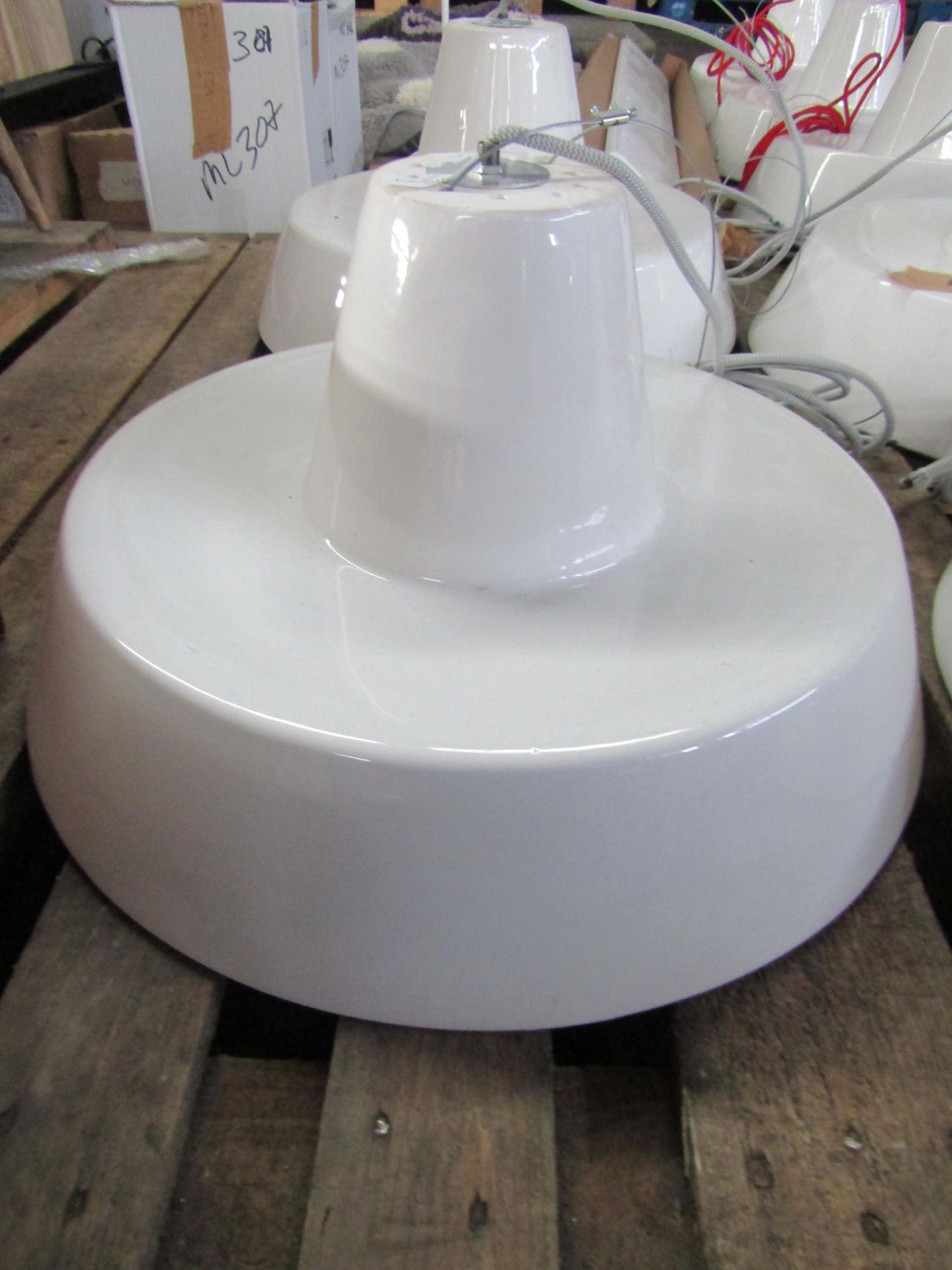 Gloss White Dome Pendant Light Grey Cable. Size: D46 x H26cm - RRP ?225.00 - New. (433)