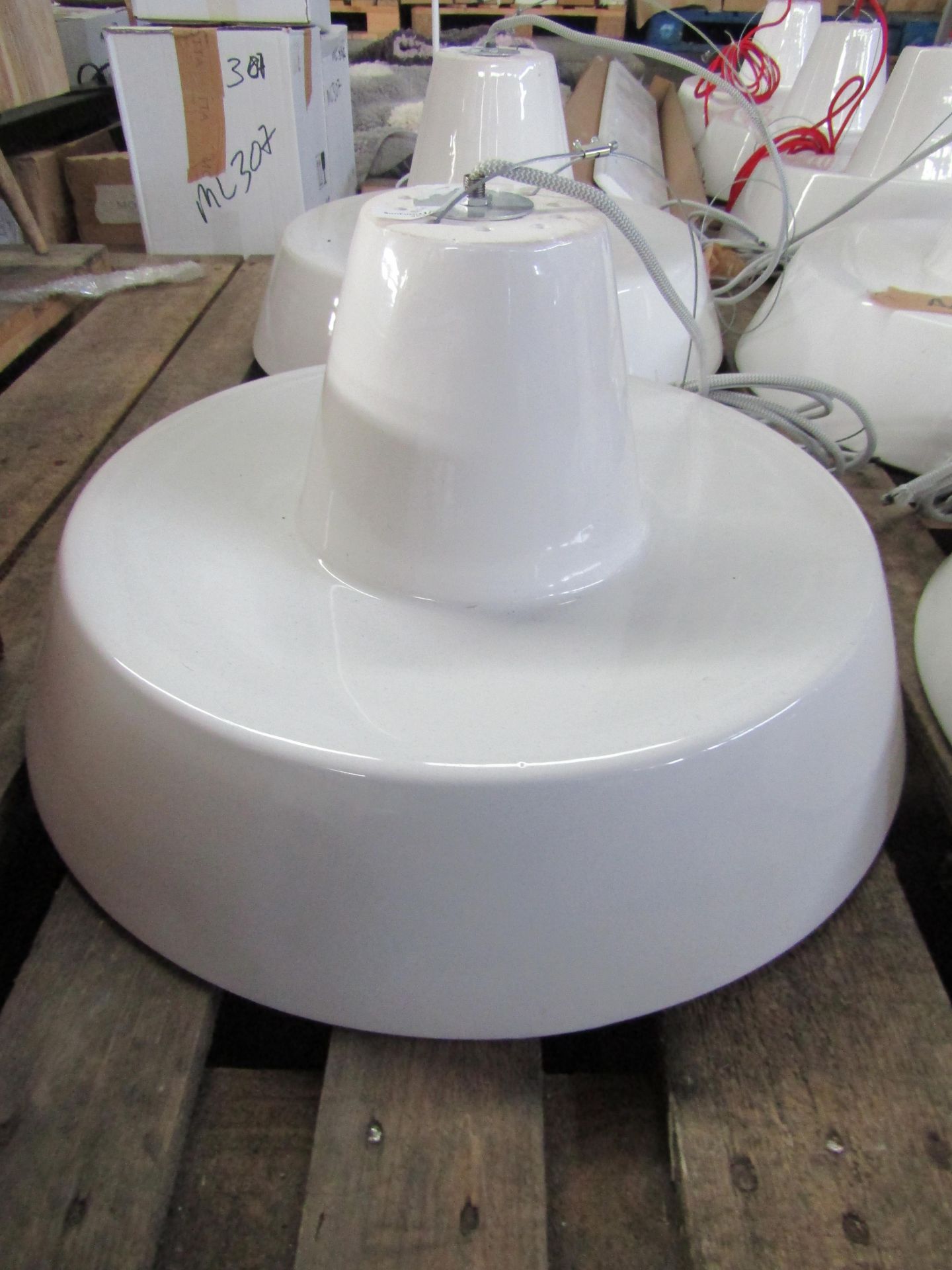 Gloss White Dome Pendant Light Grey Cable. Size: D46 x H26cm - RRP ?225.00 - New. (433)