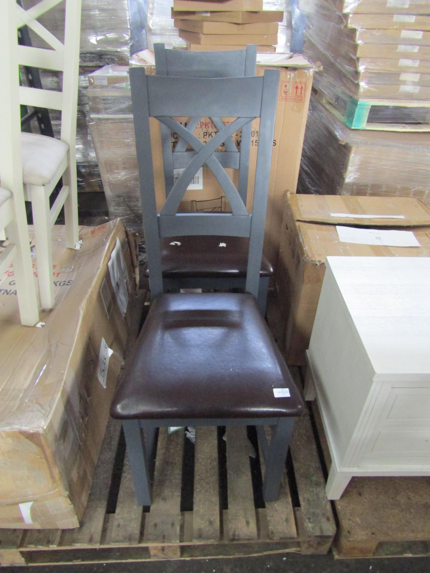 Oak Furnitureland Pair Highgate Blue Painted Chair with Brown Bicast Leather Seat RRP 380.00About