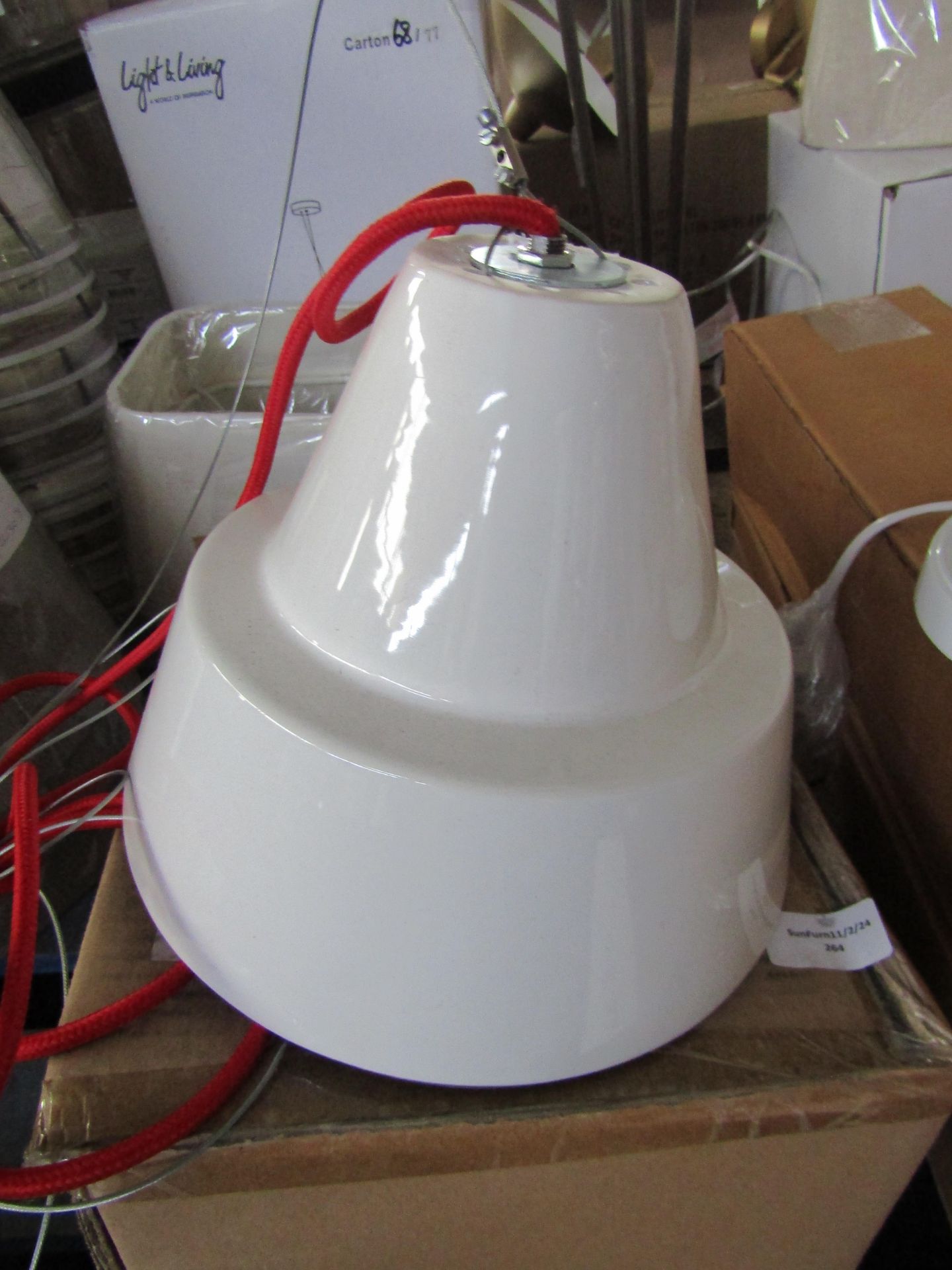 White Gloss Dome Pendant Light Red Cable. Size: D23 x H19cm - RRP ?106.00 - New & Boxed. (432)