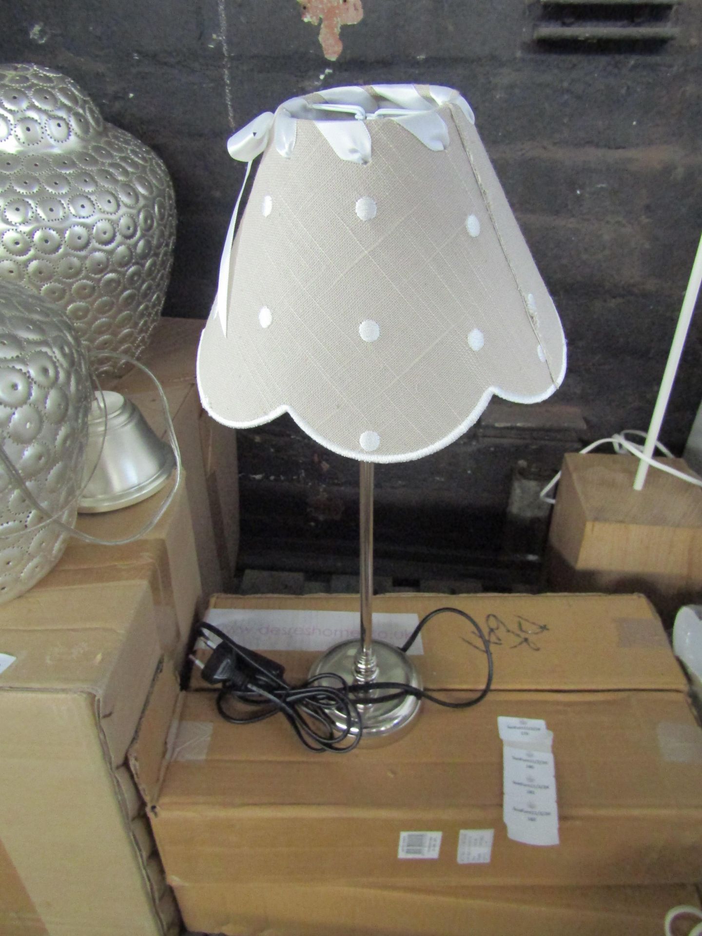 French Style White Table Lamp With Dot & Ribbon Lampshade Grey. Size: H35cm - Shade Size: H14 x