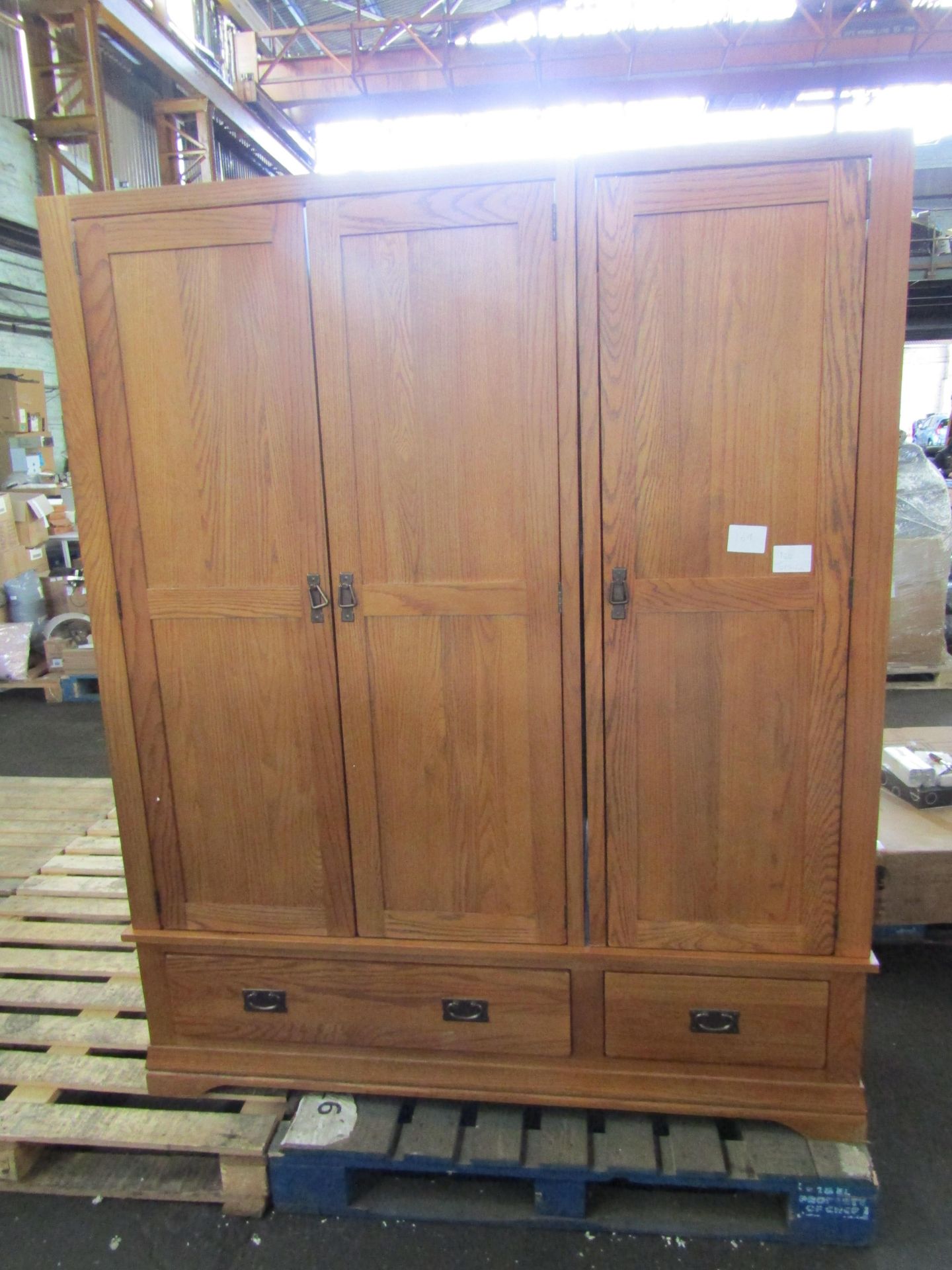 Oak Furnitureland French Farmhouse Rustic Solid Oak Triple Wardrobe - Please Note Missing Top Sectio