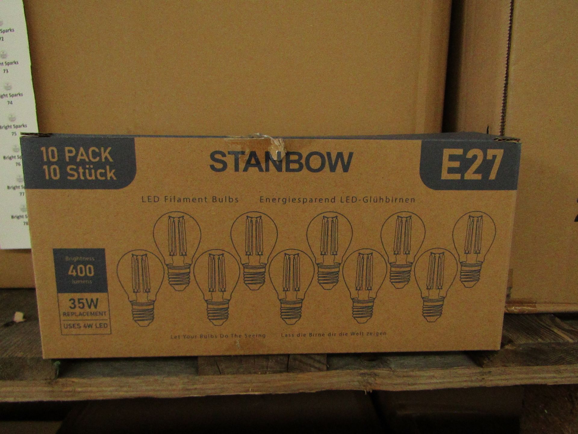 Pack of 10 Stanbow E27 4w LED filament light bulbs, new and boxed