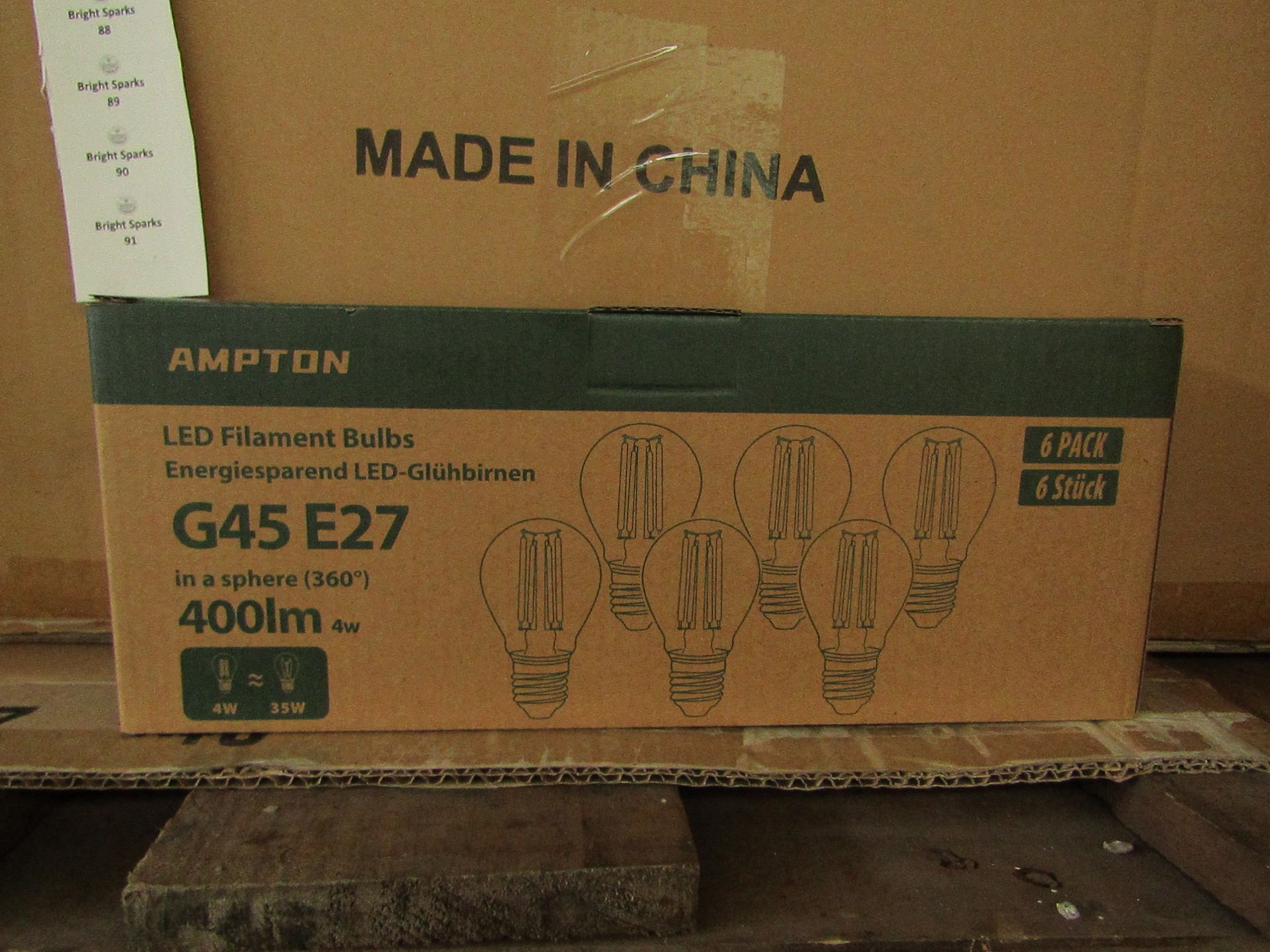 Pack of 6 Ampton G45 E27 4w L˜ED filament light bulbs, new and boxed