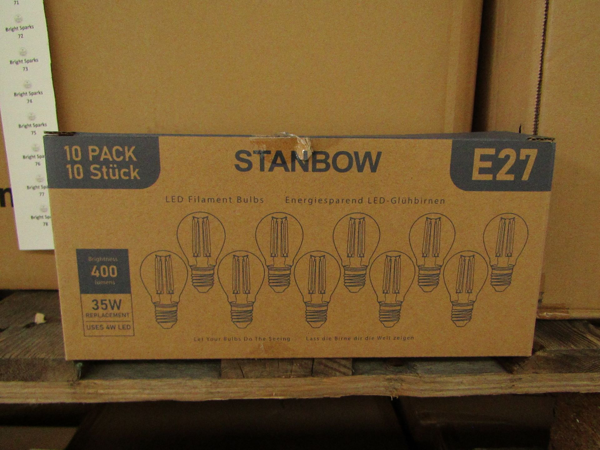 20x Packs of 10 Stanbow E27 4w L˜ED filament light bulbs, new and boxed