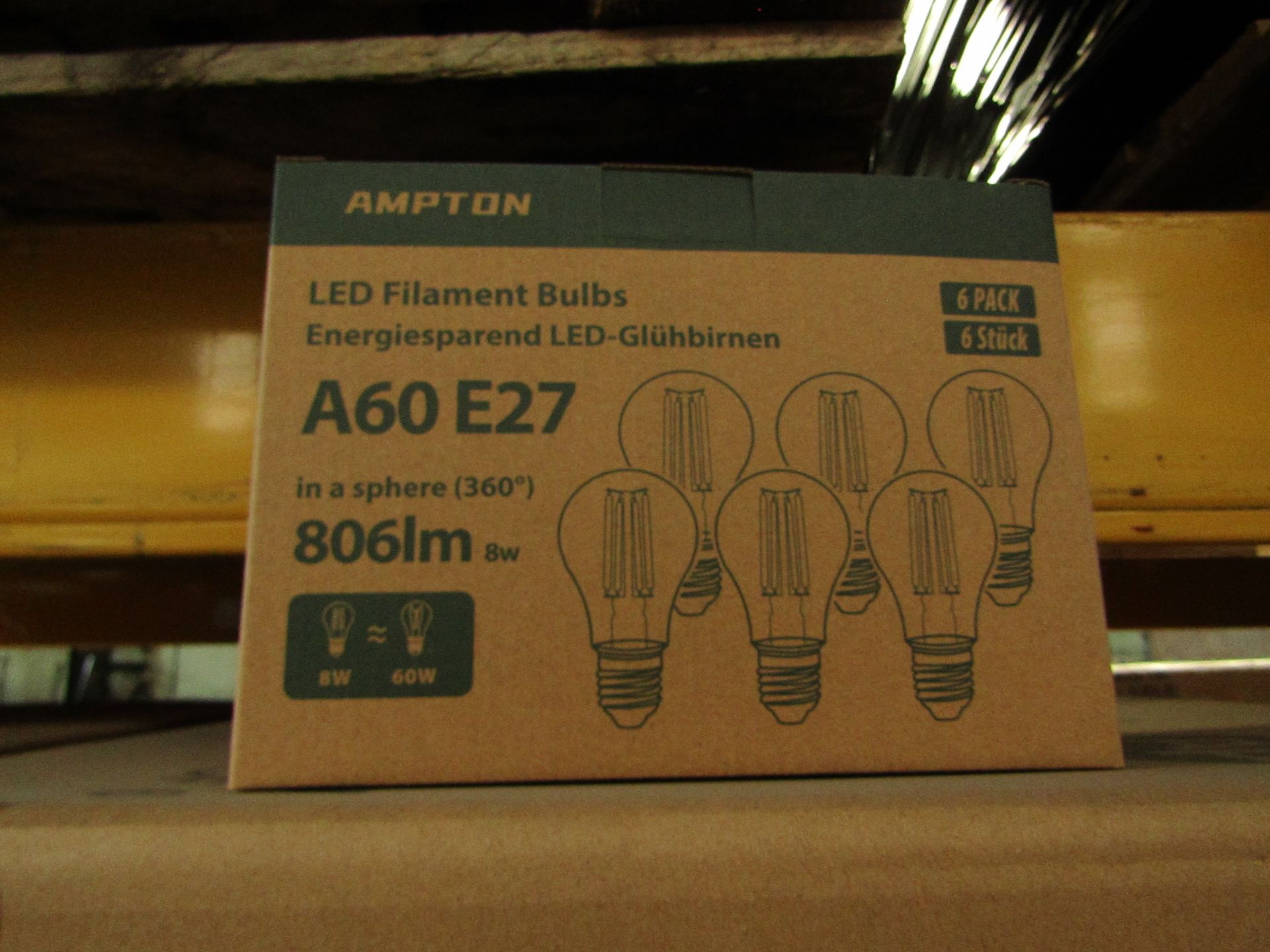 24x Packs of 6 Ampton A60 E27 8w LED filament light bulbs, new and boxed