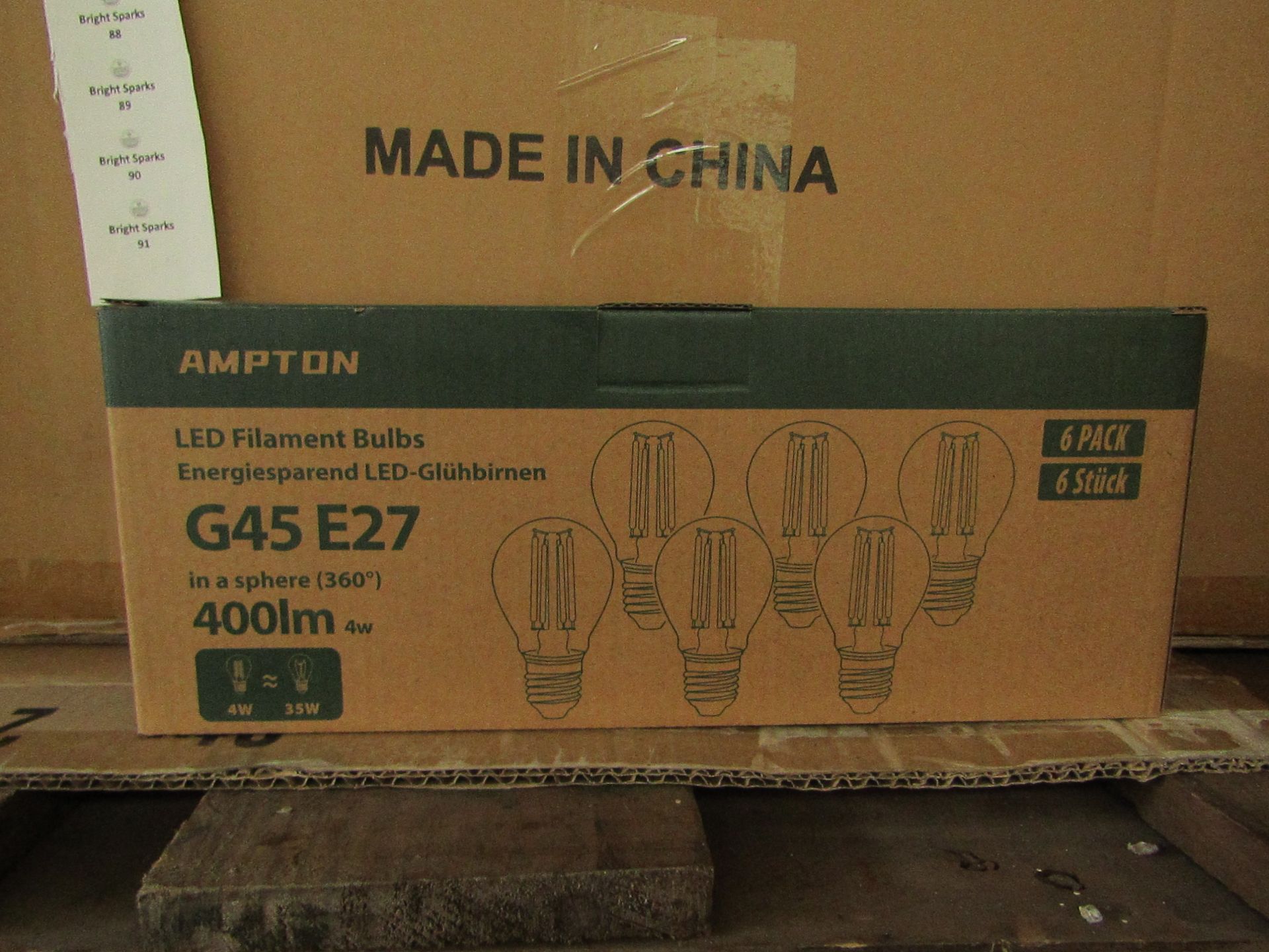 Pack of 6 Ampton G45 E27 4w L˜ED filament light bulbs, new and boxed