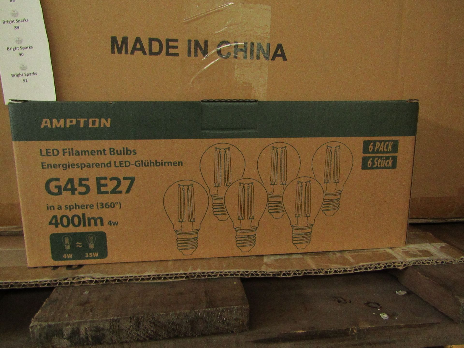 Pack of 6 Ampton G45 E27 4w L˜ED filament light bulbs, new and boxed