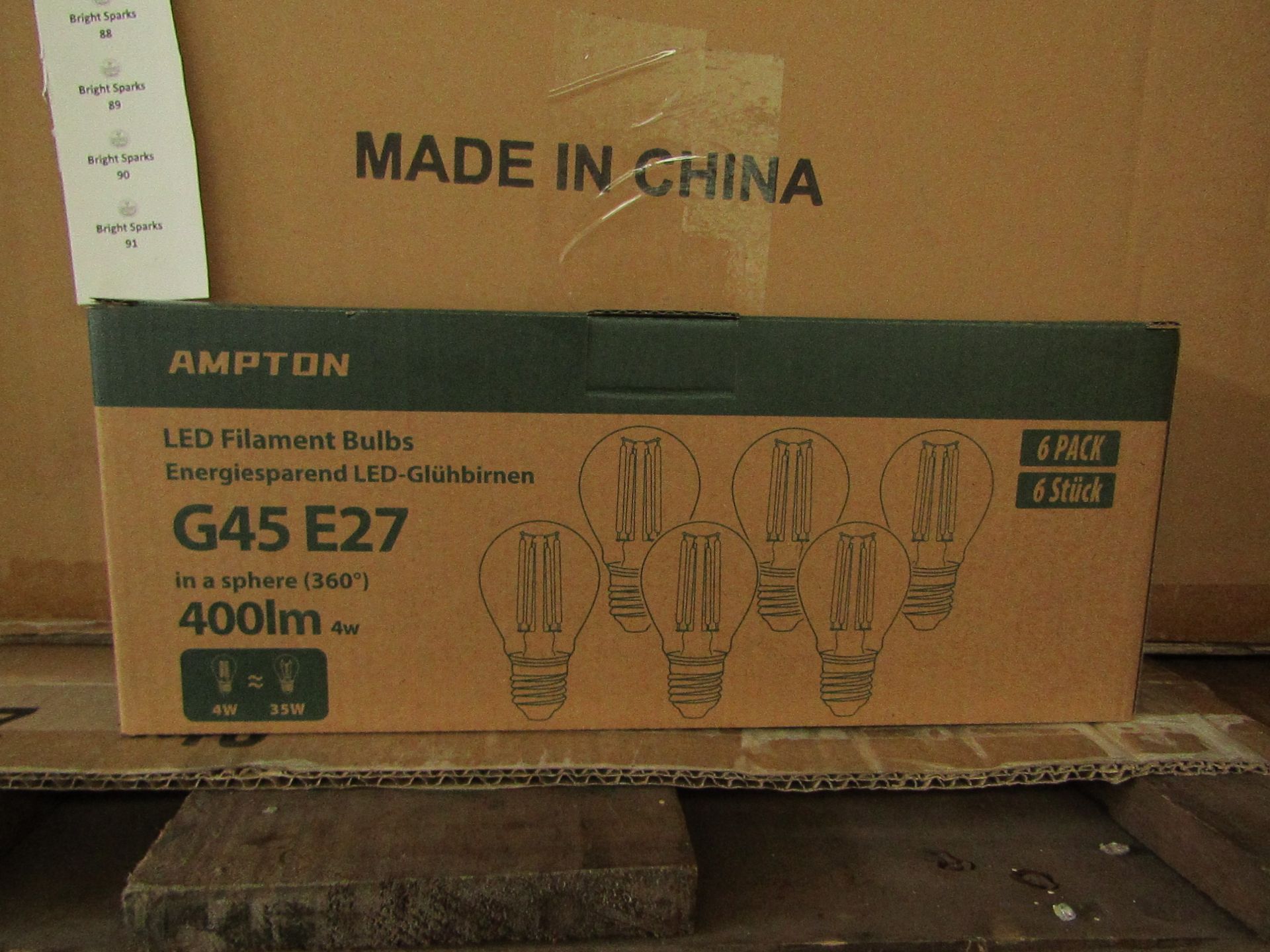 Pack of 6 Ampton G45 E27 4w L˜ED filament light bulbs, new and boxed