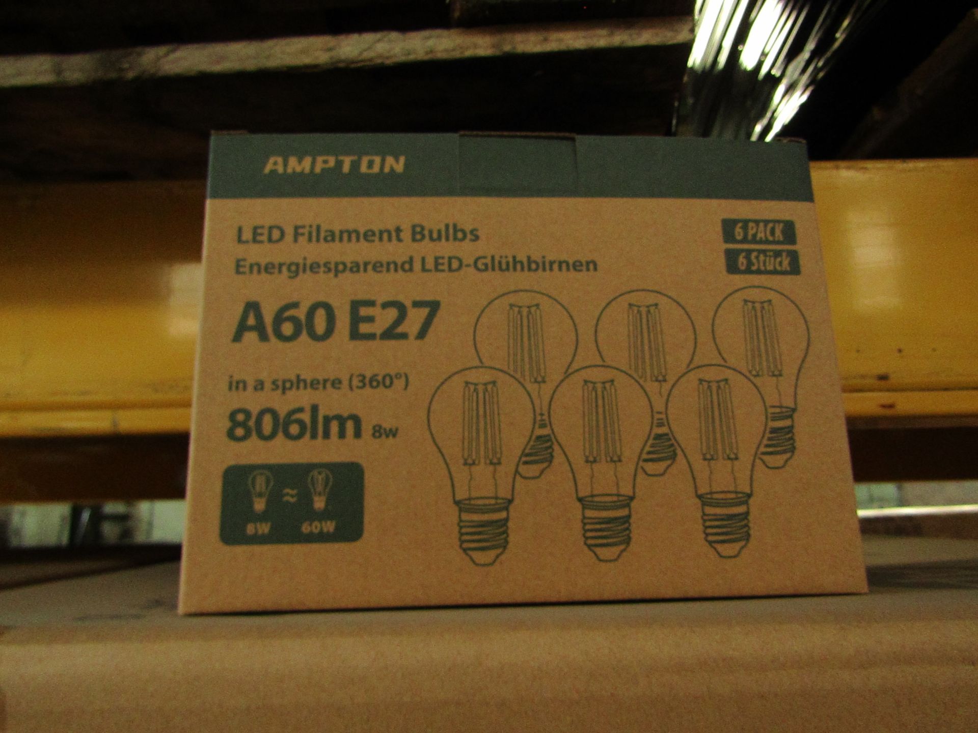 Pack of 6 Ampton A60 E27 8w LED filament light bulbs, new and boxed