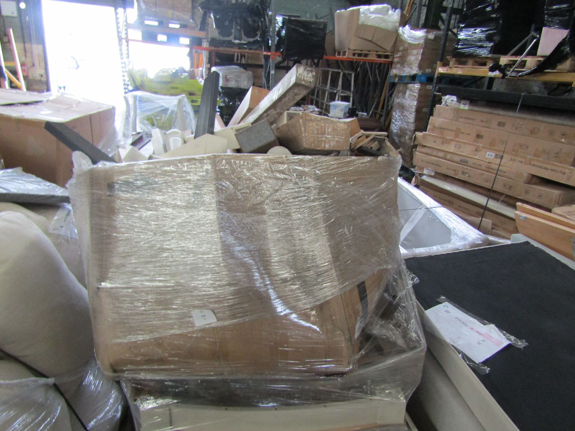 A pallet of 5 wooden tabletops with a box of assorted damaged legs. RRP 500About the Product(s)A