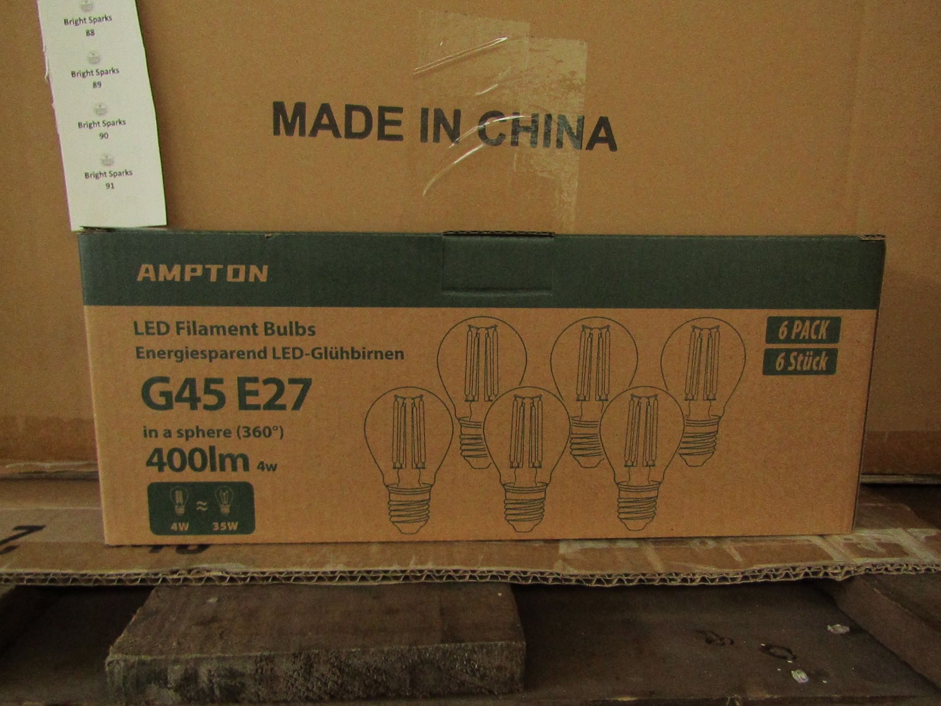 Pack of 6 Ampton G45 E27 4w L˜ED filament light bulbs, new and boxed