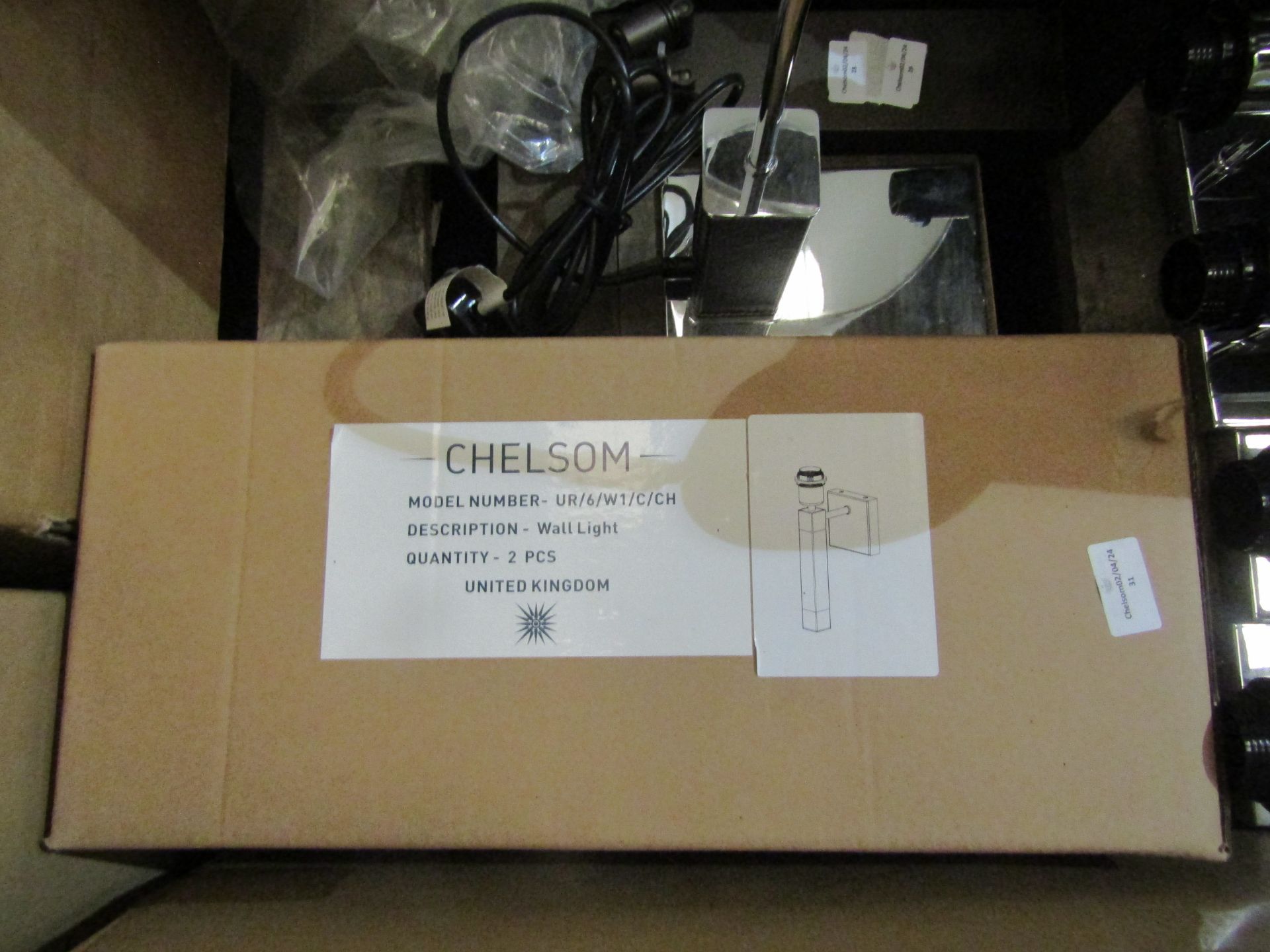 Box Of 2 Chelsom Chrome & Black Wall Lights - New & Boxed.