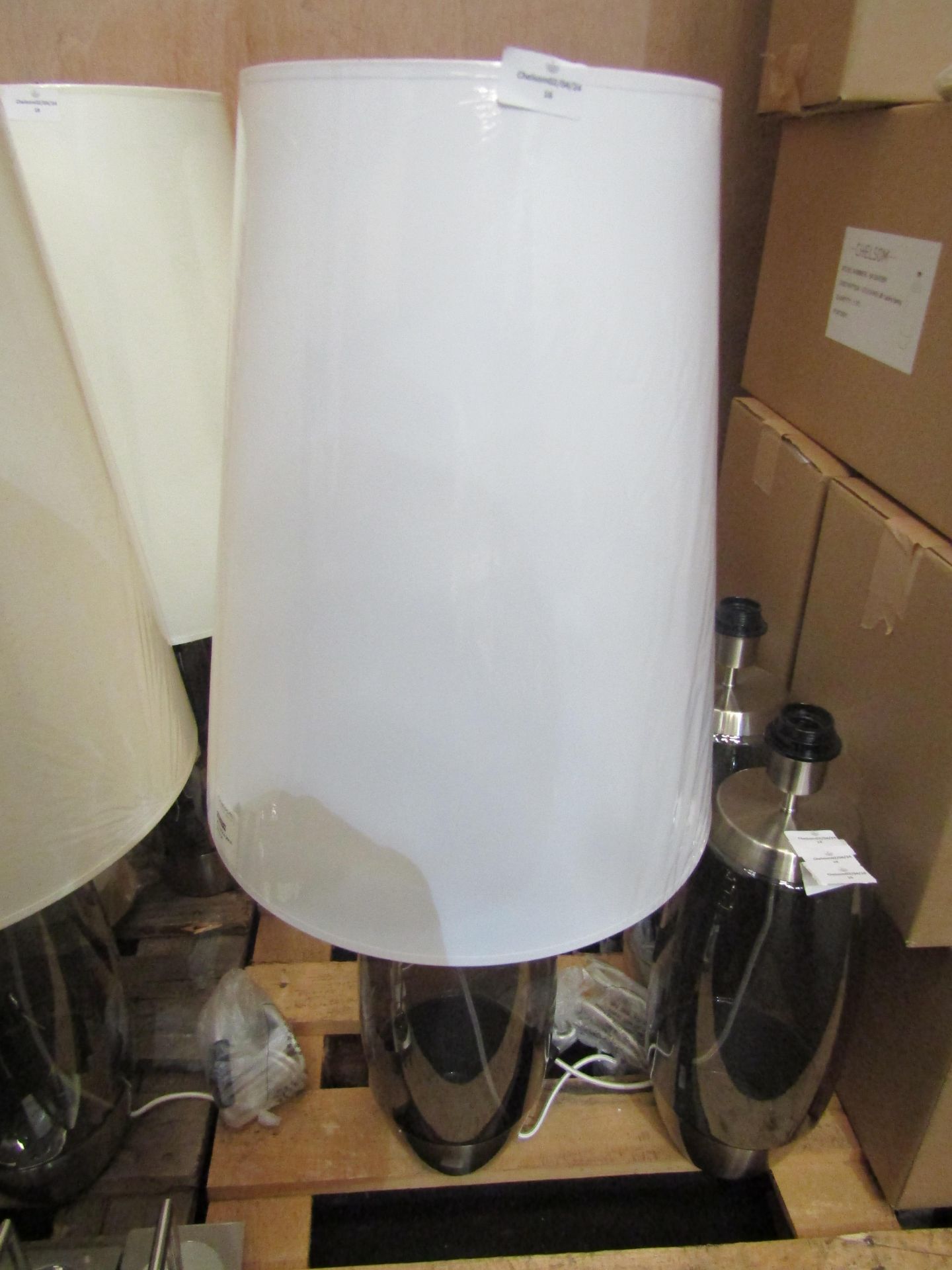 Chelsom Stockholm Table Lamp With White 38cm Shade, Chrome & Smoked Glass - Good Condition &