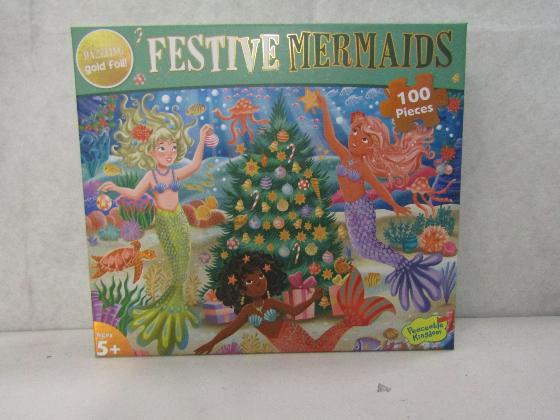 6x Peaceable Kingdom - Dazzling Gold Foil Festive Mermaids 100-Piece Puzzle - New & Boxed.