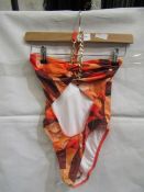 2x Pretty Little Thing Orange Abstract Print Bandeau Chain Cut Out Swimsuit - Size 6, New With Tag.