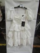 5x Pretty Little Thing White Crinkle Cup Detail Tiered Skirt Skater Dress- Size 8, New & Packaged.