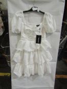 2x Pretty Little Thing White Crinkle Cup Detail Tiered Skirt Skater Dress- Size 8, New & Packaged.
