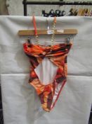 PrettyLittleThing Orange Abstract Print Bandeau Chain Cut Out Swimsuit, Size: 6 - Good Condition