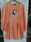 2x Pretty Little Thing Peach Linen Mix Pleated Detail Skater Dress - Size 16, New & Packaged.
