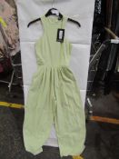 2x Pretty Little Thing Petite Sage Green Racer Neck Linen Look Wide Leg Jumpsuit- Size 4, New &
