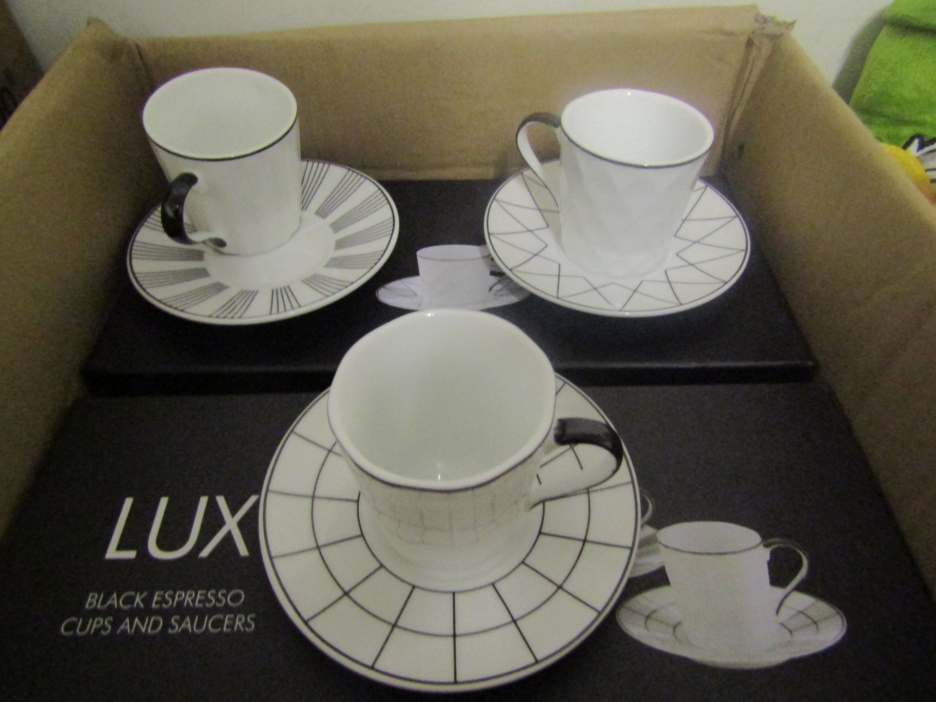 Lux Set Of 3 Black Espresso Cups & Saucers - New & Boxed.