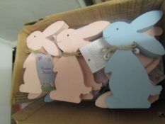Box Of Approx 12 Pink & Blue Wooden Bunnys, New With Tags.