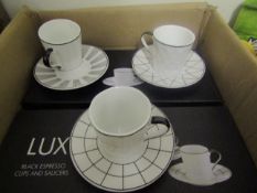 Lux Set Of 3 Black Espresso Cups & Saucers - New & Boxed.