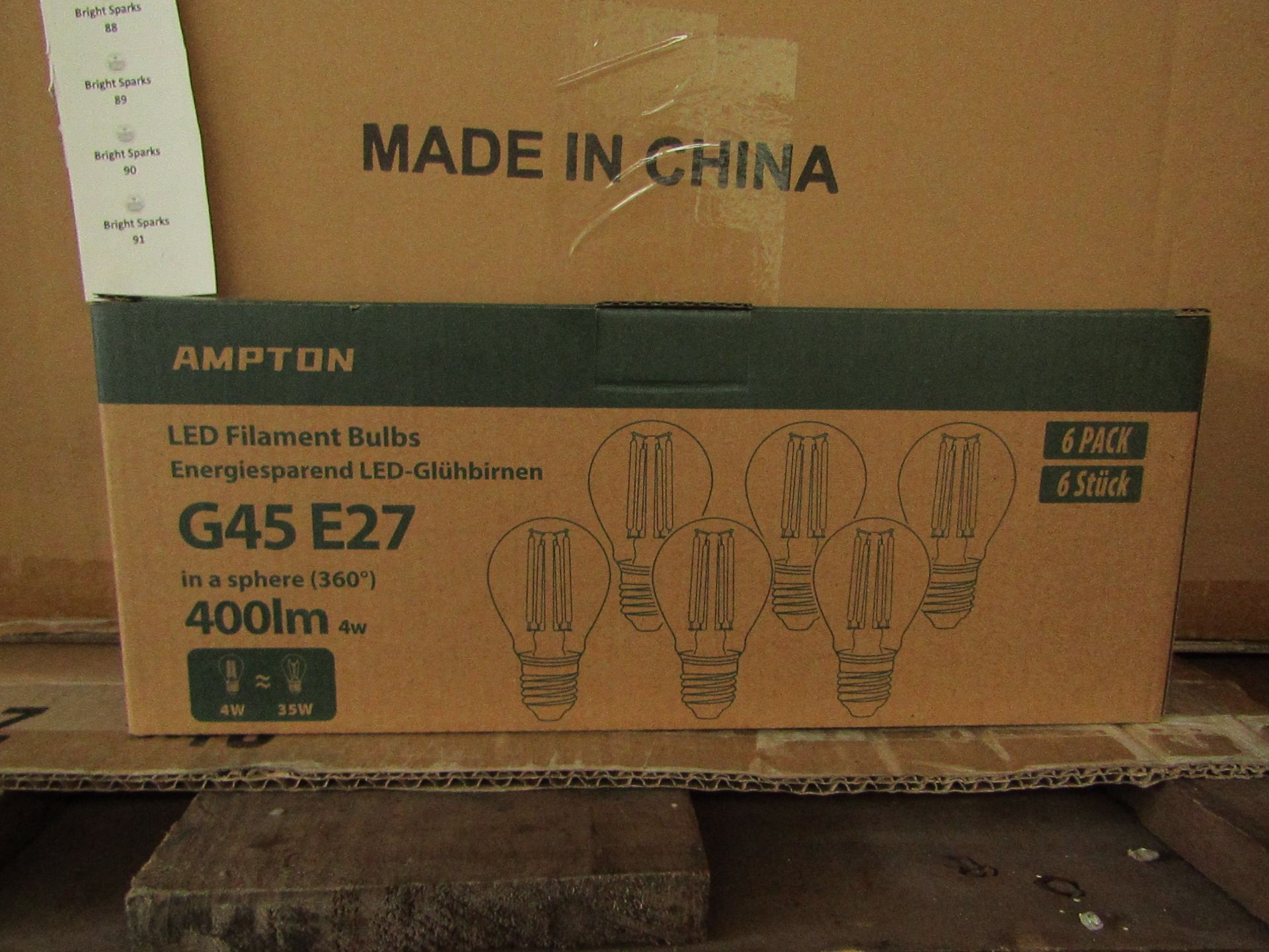 Pack of 6 Ampton G45 E27 4w L˜ED filament light bulbs, new and boxed