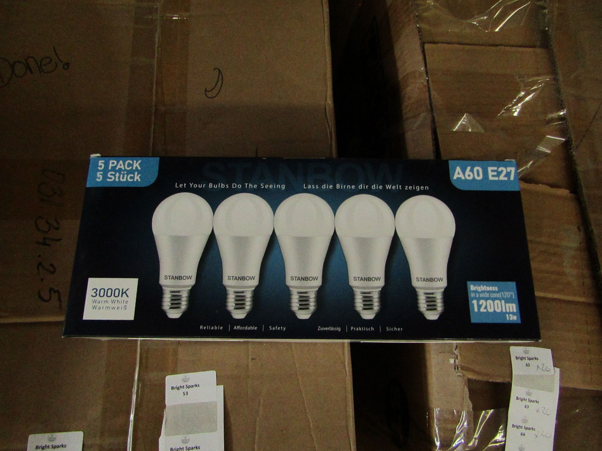 20x Packs of 5 Stanbow A60 E27 13w LED light bulbs, new and boxed