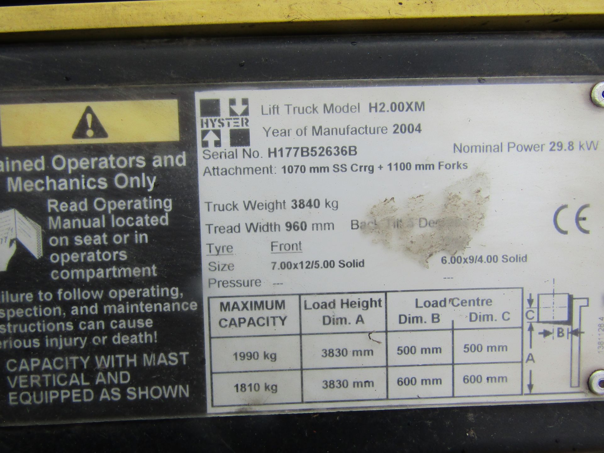 Hyster H2.00Xm forklift truck 7235 hours currently manufactured in 2004, has a roof as well as front - Image 9 of 9