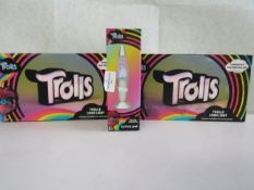 2x Trolls - Logo Lights - Boxed. 1x Trolls - Mini Colour-Changing Glitter Lamp - Boxed.