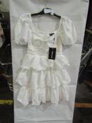 2x Pretty Little Thing White Crinkle Cup Detail Tiered Skirt Skater Dress- Size 8, New & Packaged.