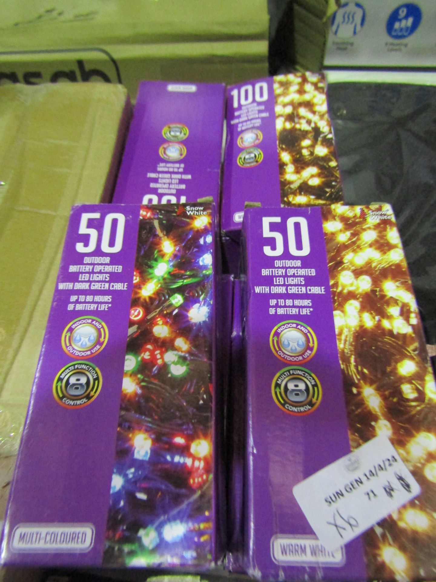 6x Items Being 4x Multi-Coloured 50 Outdoor Battery Operated LED Lights - 2x Warm White 100