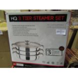 HQ 3-Tier Stainless Steel Steamer Set With Glass Lid, Size: 25cm - Unchecked & Boxed.