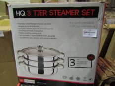 HQ 3-Tier Stainless Steel Steamer Set With Glass Lid, Size: 25cm - Unchecked & Boxed.